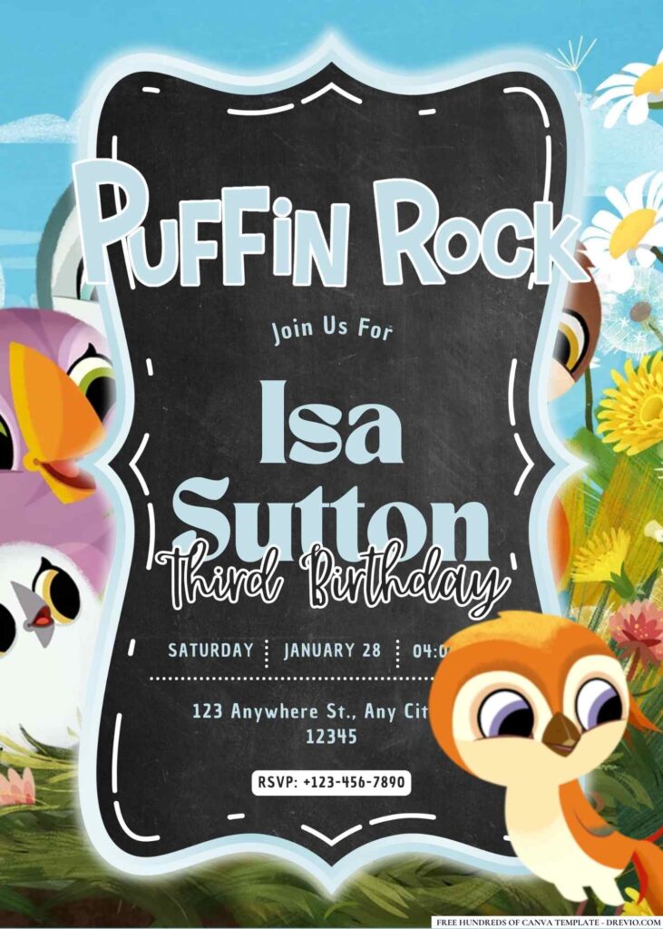 FREE Editable Puffin Rock and the New Friends Birthday Invitation