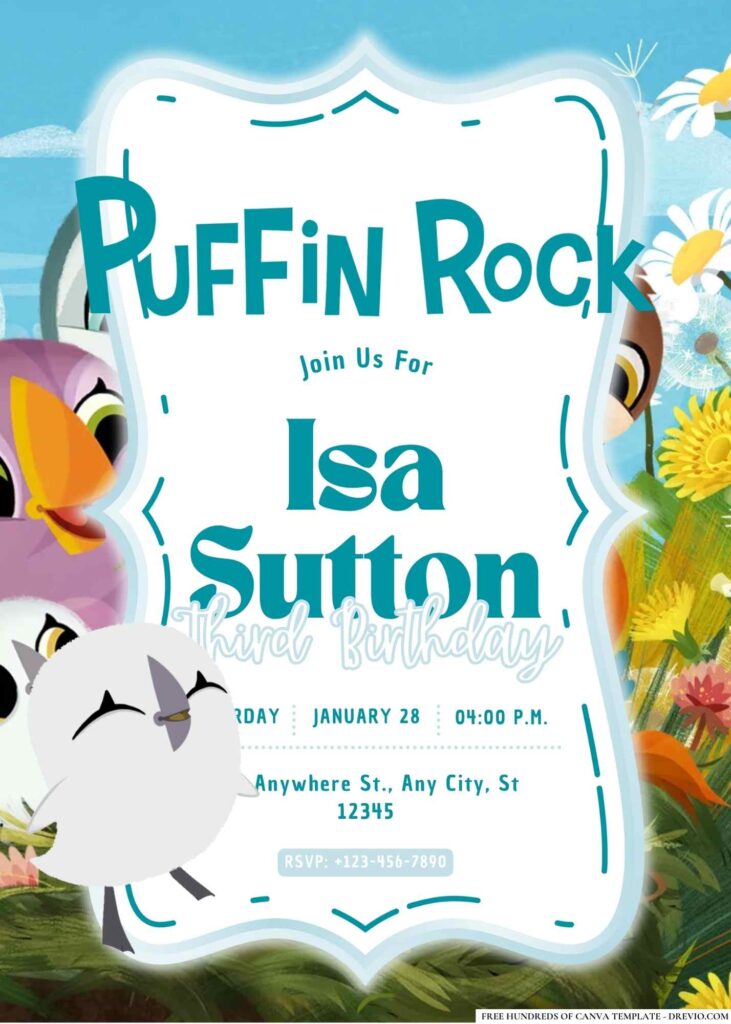 FREE Editable Puffin Rock and the New Friends Birthday Invitation