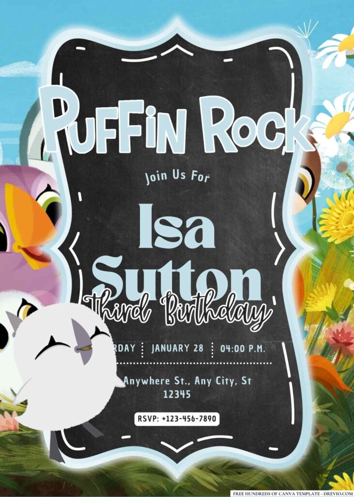 FREE Editable Puffin Rock and the New Friends Birthday Invitation