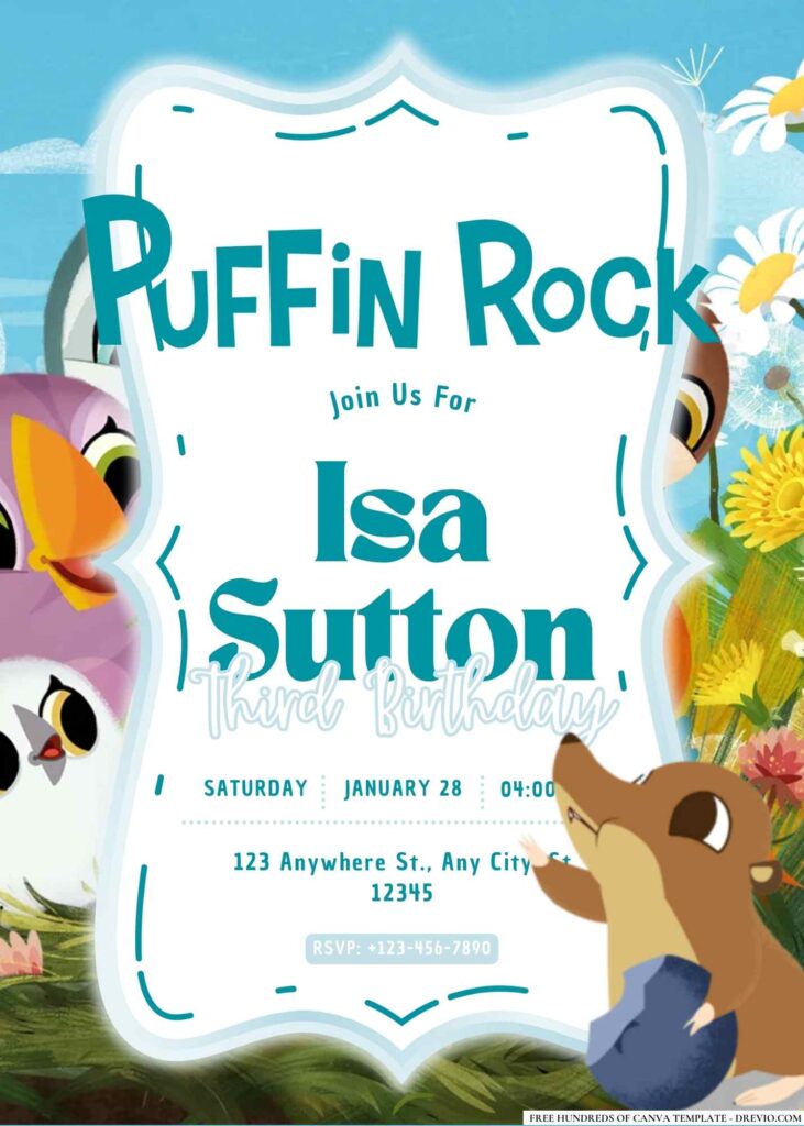 FREE Editable Puffin Rock and the New Friends Birthday Invitation