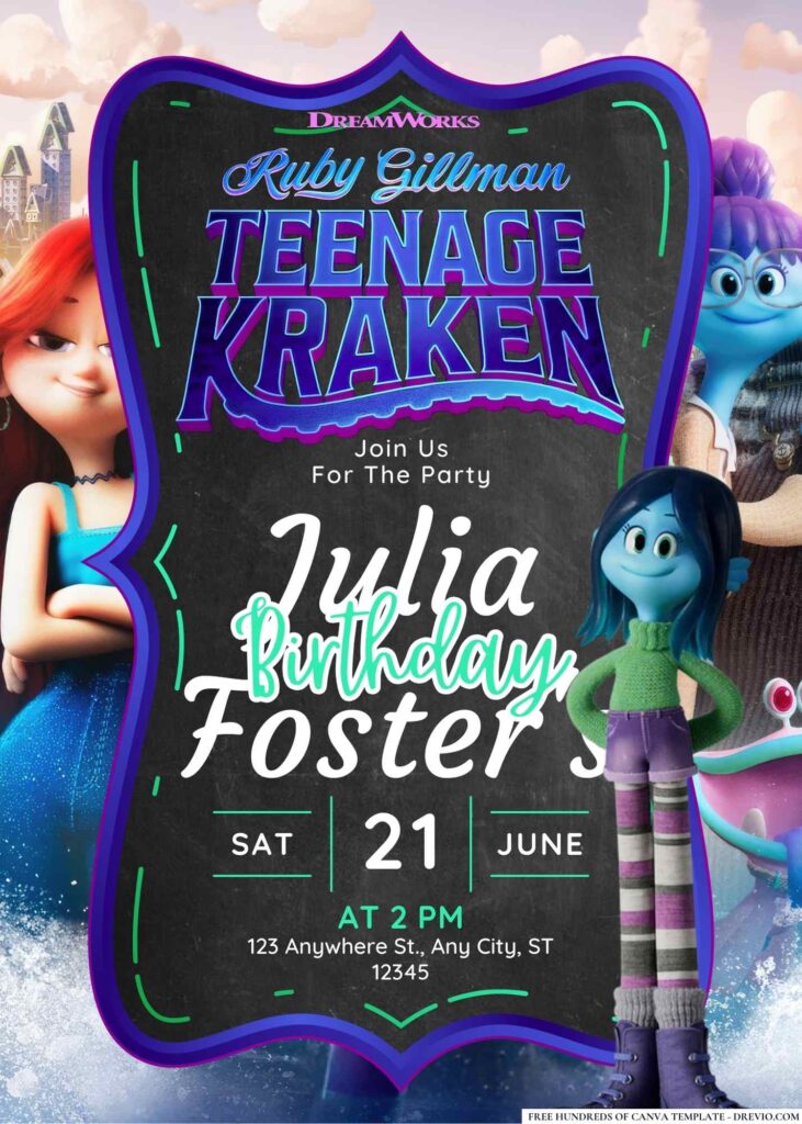 FREE Editable Ruby Gillman Teenage Kraken Birthday Invitation