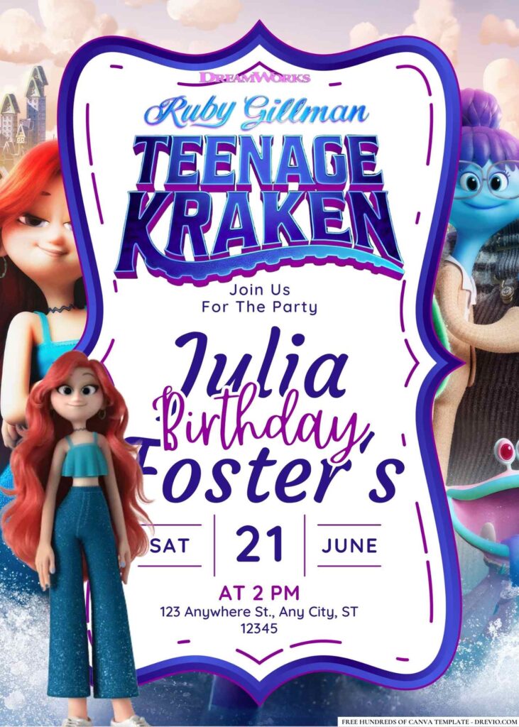 FREE Editable Ruby Gillman Teenage Kraken Birthday Invitation