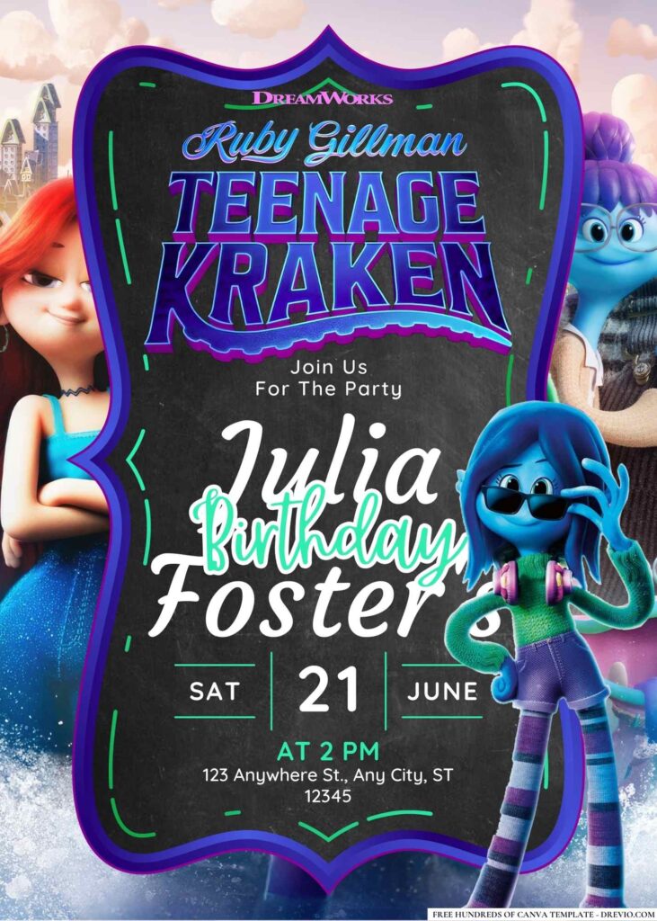 FREE Editable Ruby Gillman Teenage Kraken Birthday Invitation