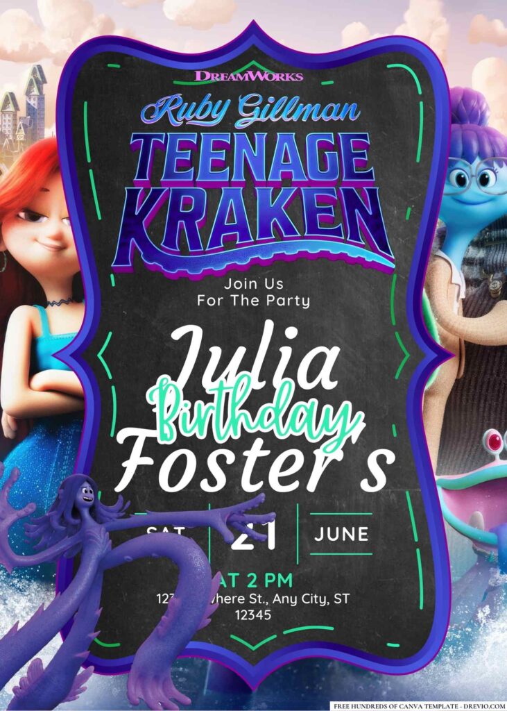 FREE Editable Ruby Gillman Teenage Kraken Birthday Invitation