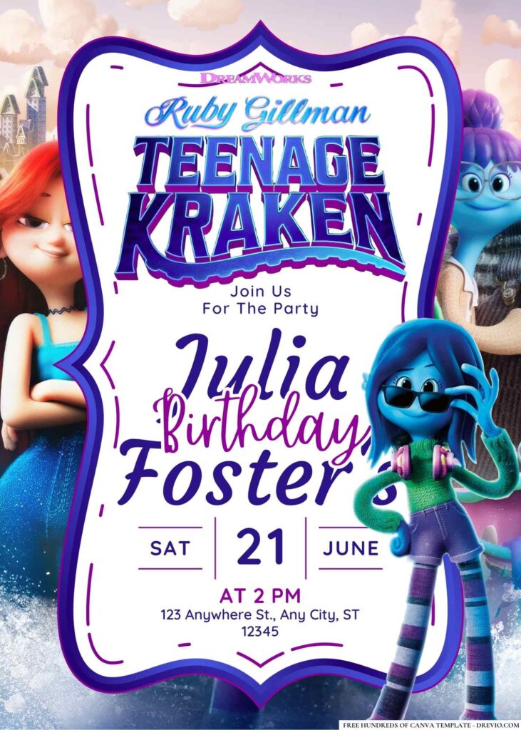 FREE Editable Ruby Gillman Teenage Kraken Birthday Invitation