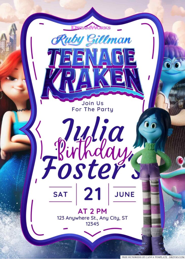FREE Editable Ruby Gillman Teenage Kraken Birthday Invitation