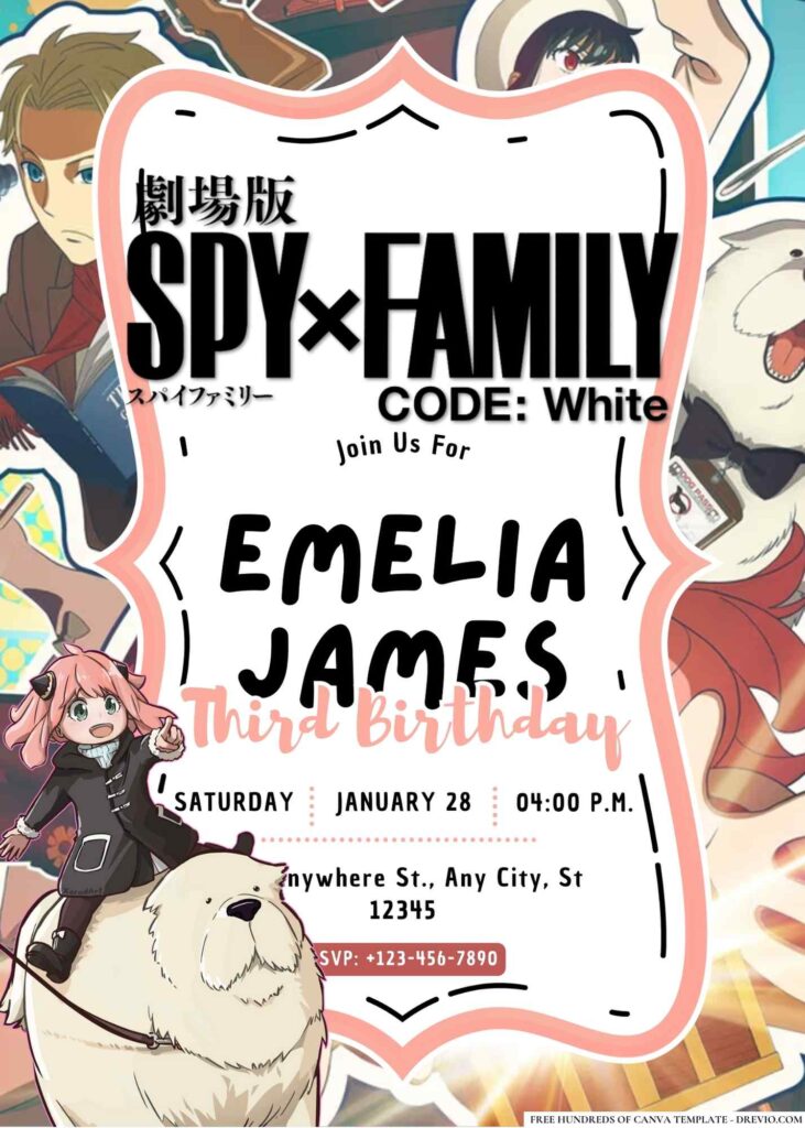 FREE Editable Spy x Family Code: White Birthday Invitation