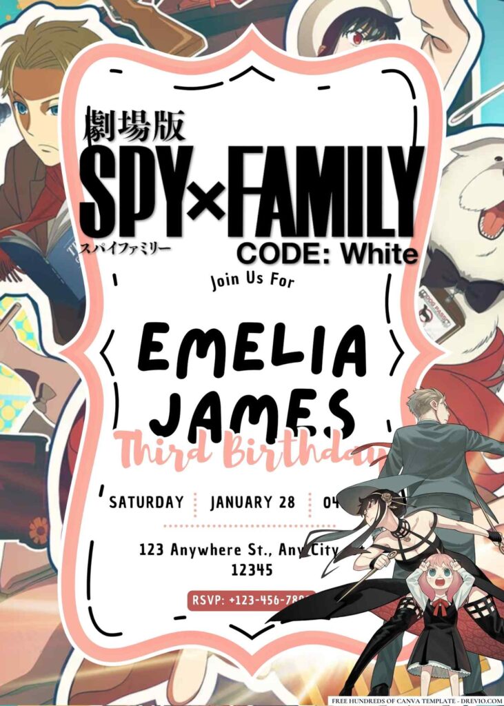 FREE Editable Spy x Family Code: White Birthday Invitation