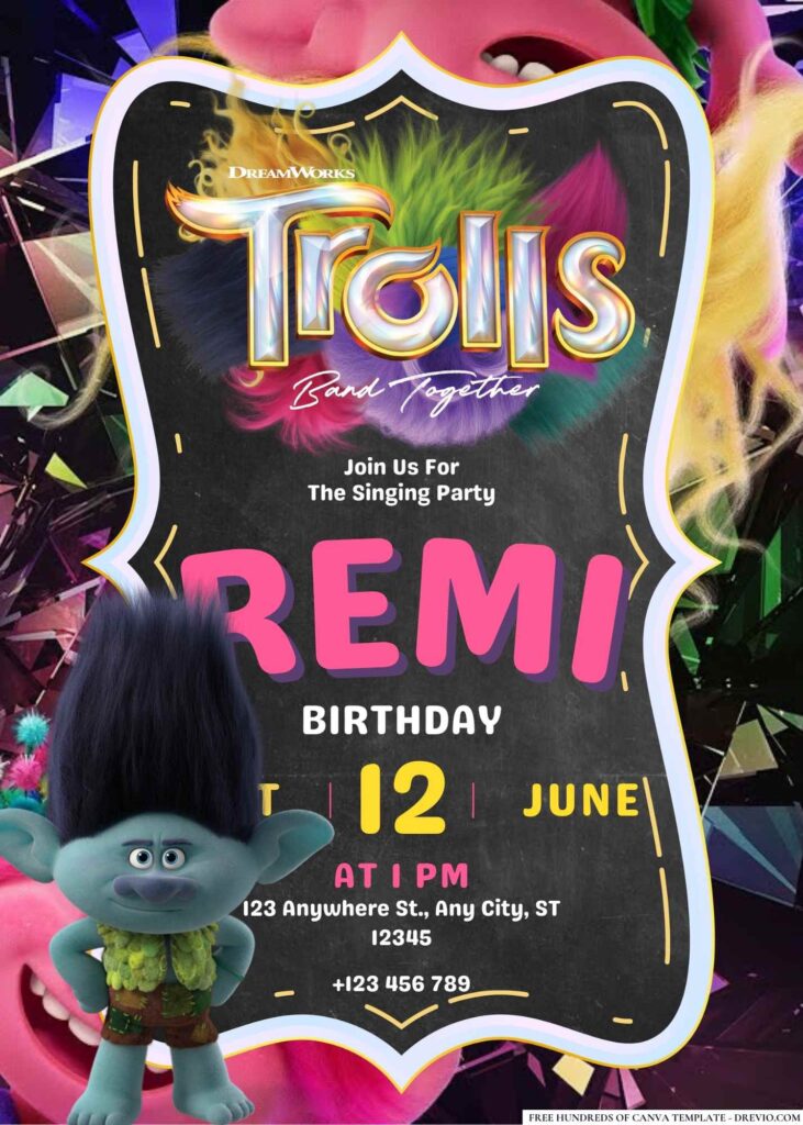 FREE Editable Trolls Band Together Birthday Invitations
