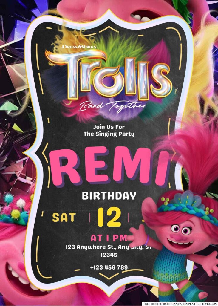 FREE Editable Trolls Band Together Birthday Invitations