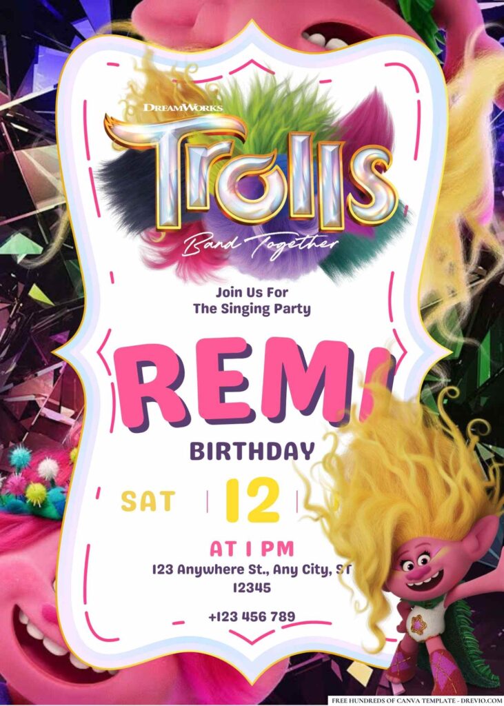 FREE Editable Trolls Band Together Birthday Invitations