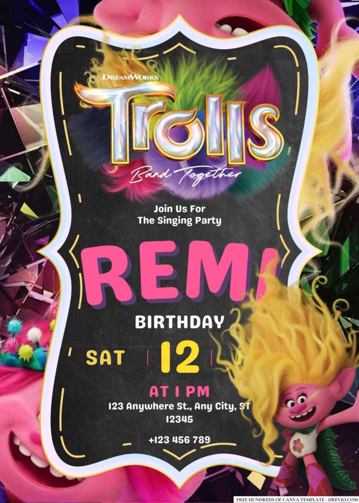 FREE Editable Trolls Band Together Birthday Invitations