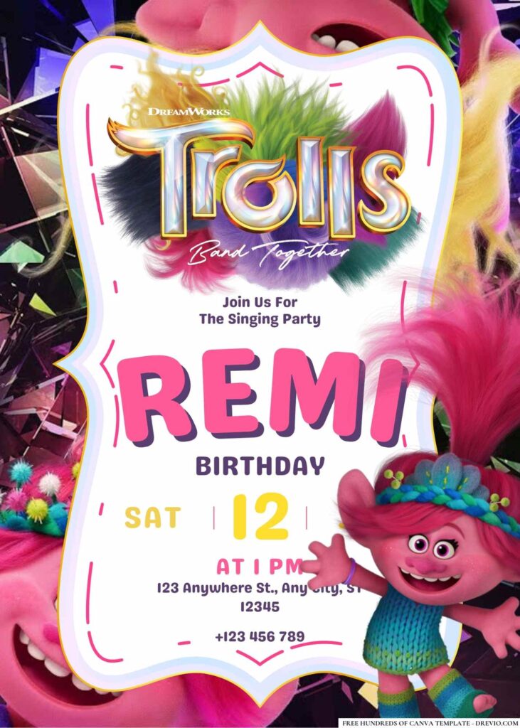 FREE Editable Trolls Band Together Birthday Invitations