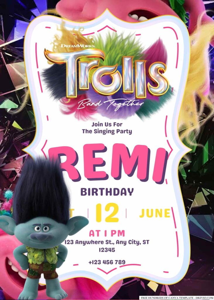 FREE Editable Trolls Band Together Birthday Invitations