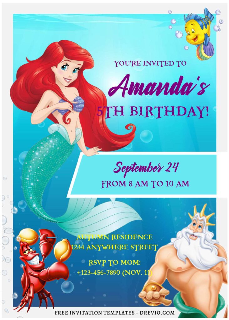 Ariel Little Mermaid Under the sea birthday invitation