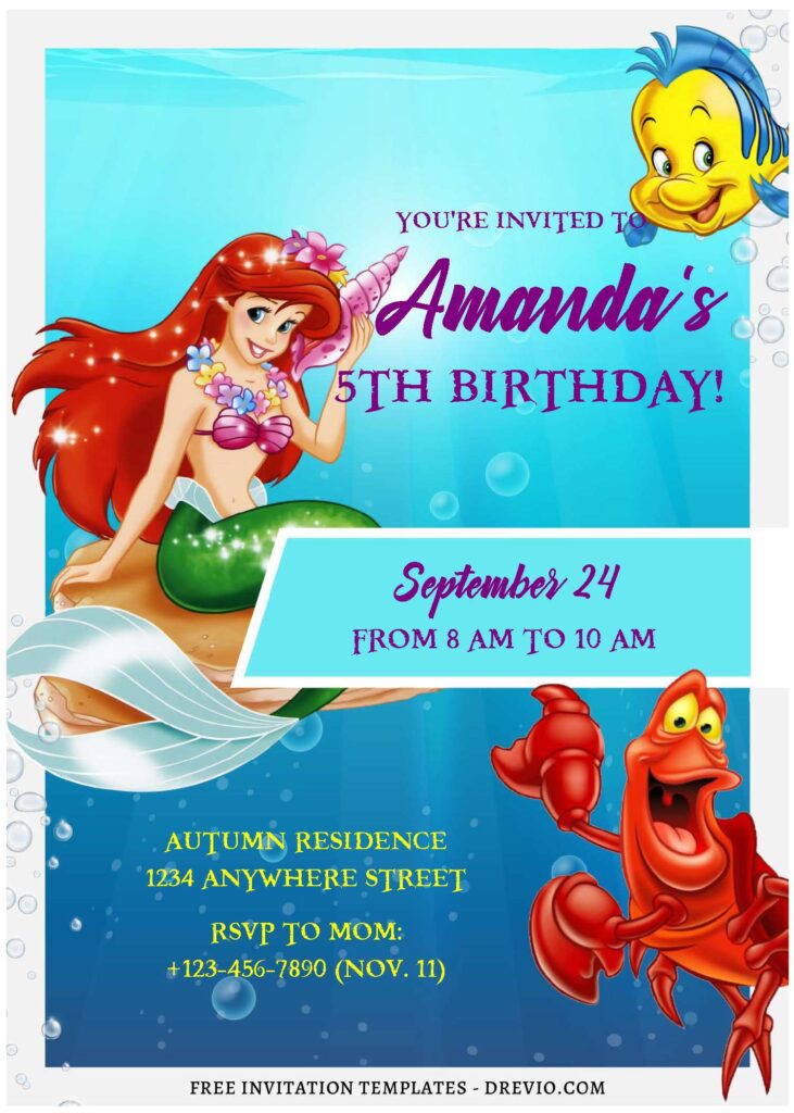 Ariel Little Mermaid and Sebastian Under the sea birthday invitation