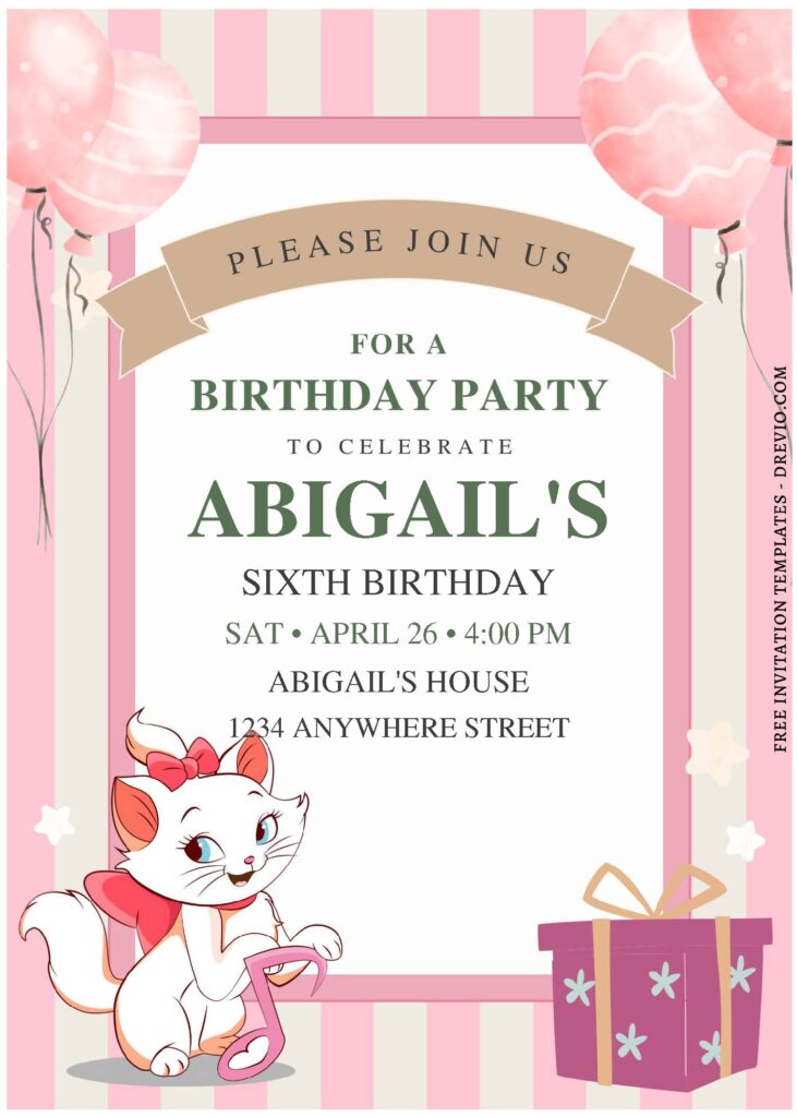 (Free Editable PDF) Charming Disney Marie The Cat Birthday Invitation Templates E
