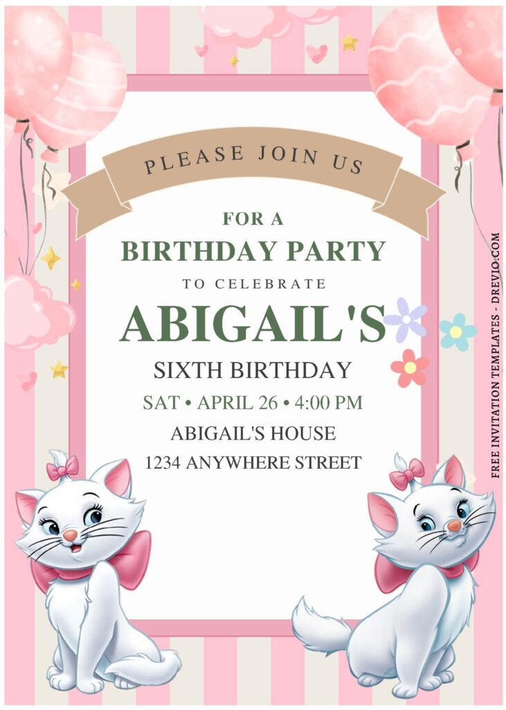 (Free Editable PDF) Charming Disney Marie The Cat Birthday Invitation Templates F