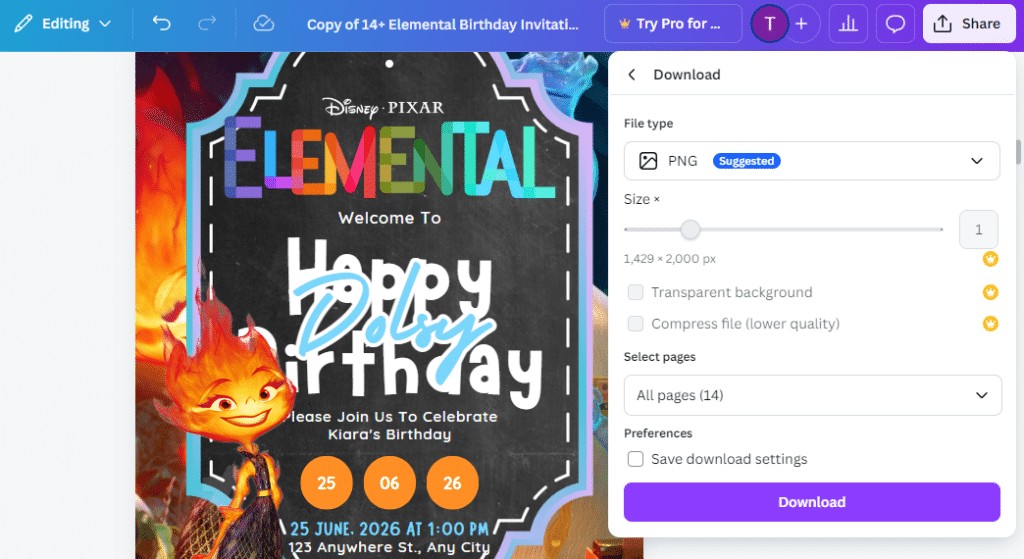 how to edit elemental birthday invitation