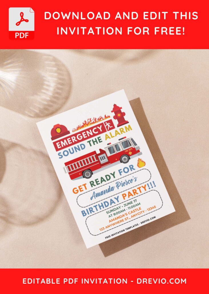 (Easily Edit PDF Invitation) Cute Firefighter Birthday Invitation Templates J