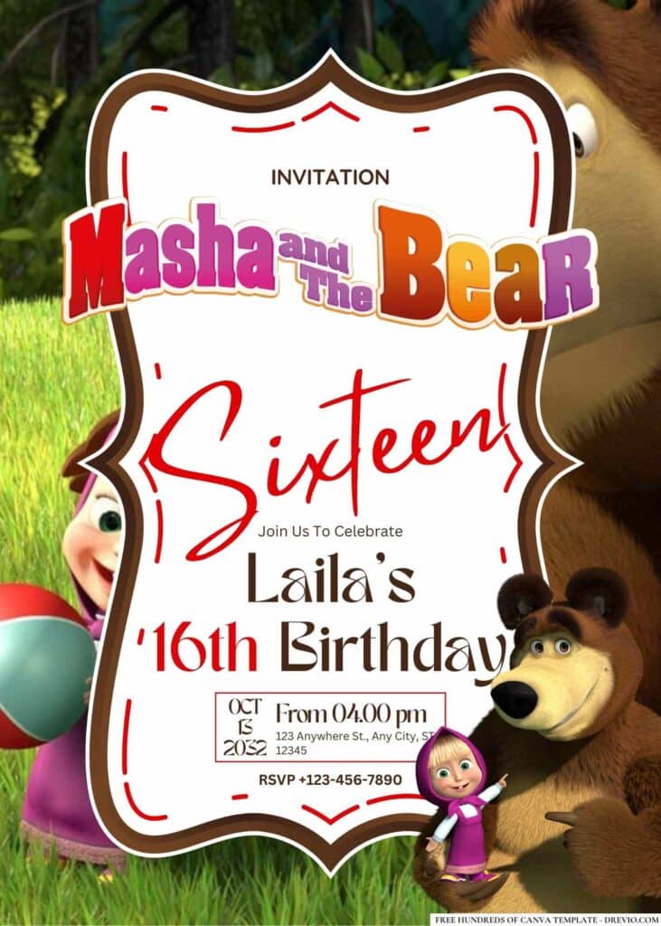 FREE Masha and the Bear Birthday Invitations