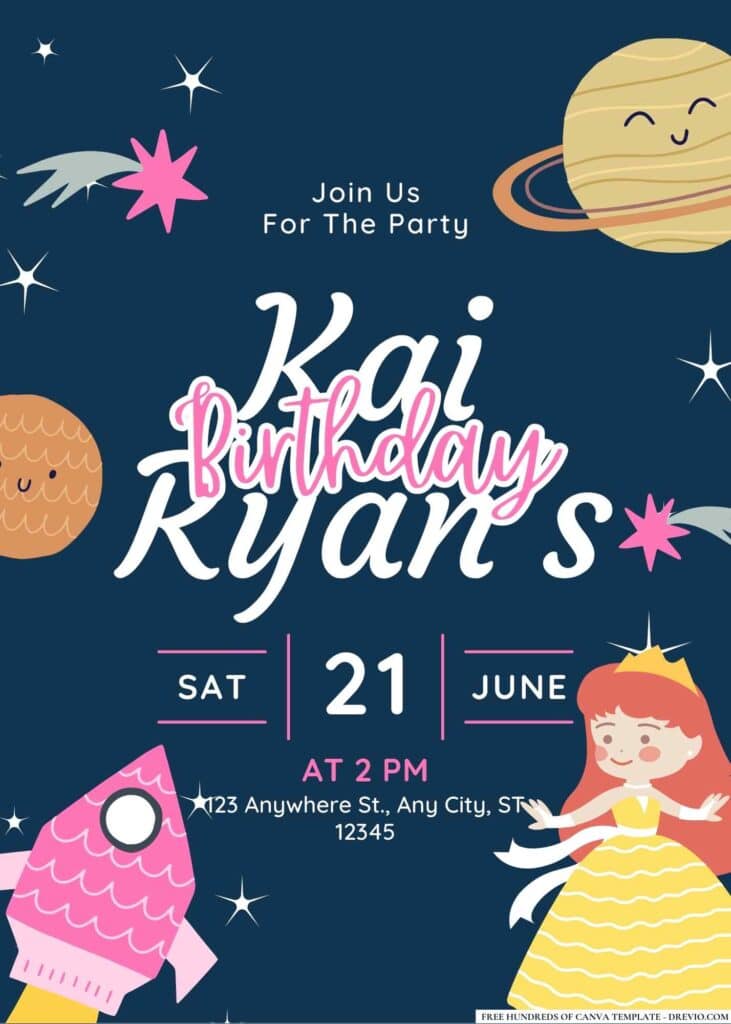 FREE Space Princess Birthday Invitations