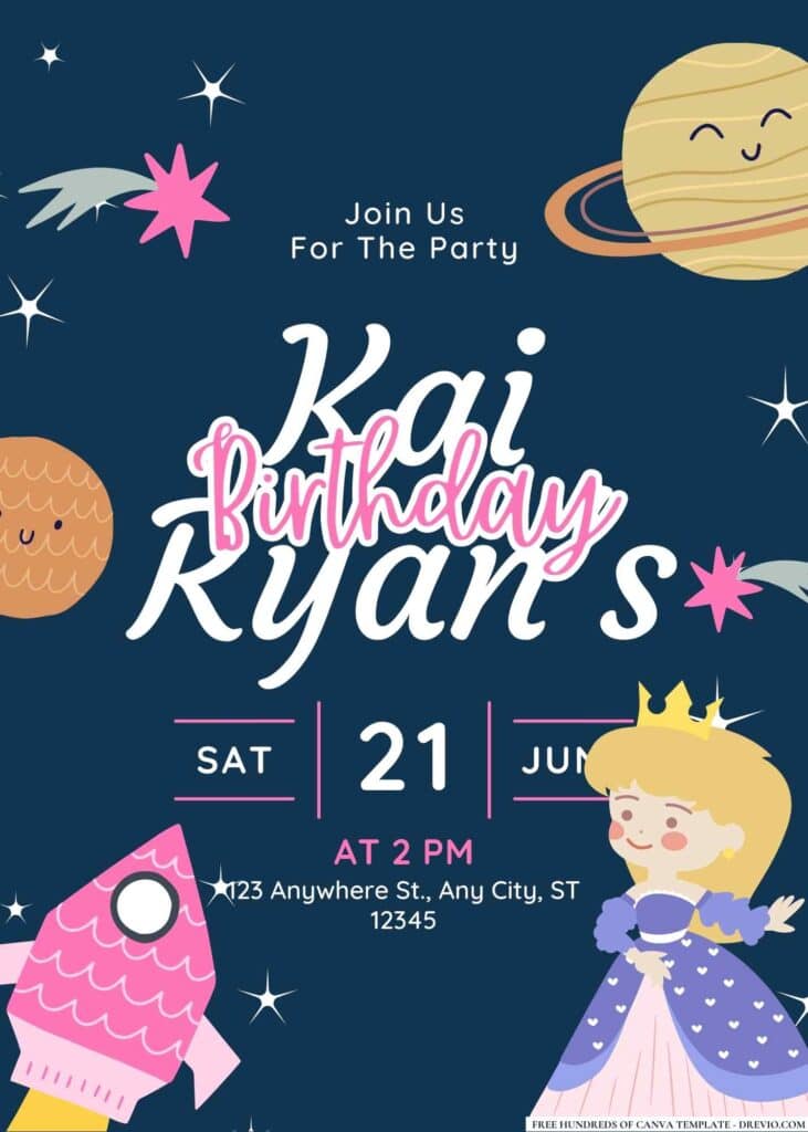 FREE Space Princess Birthday Invitations