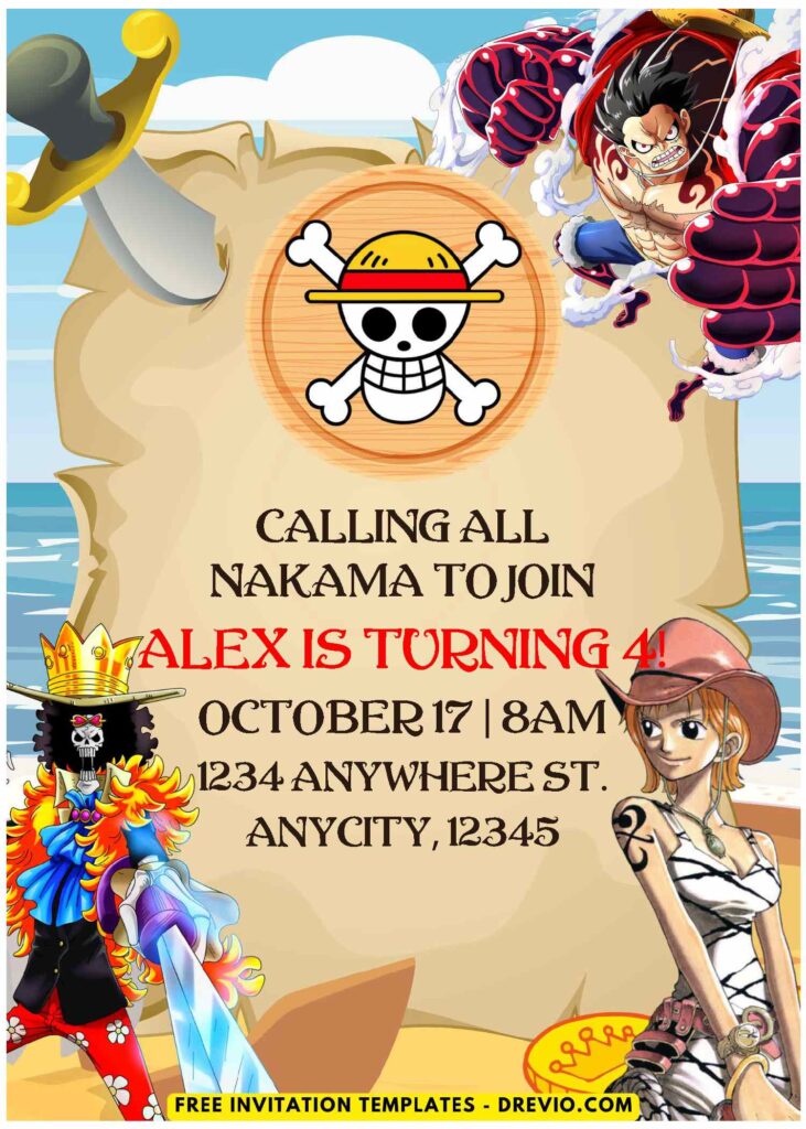 (Easily Edit PDF Invitation) One Piece Anime Birthday Invitation Templates B