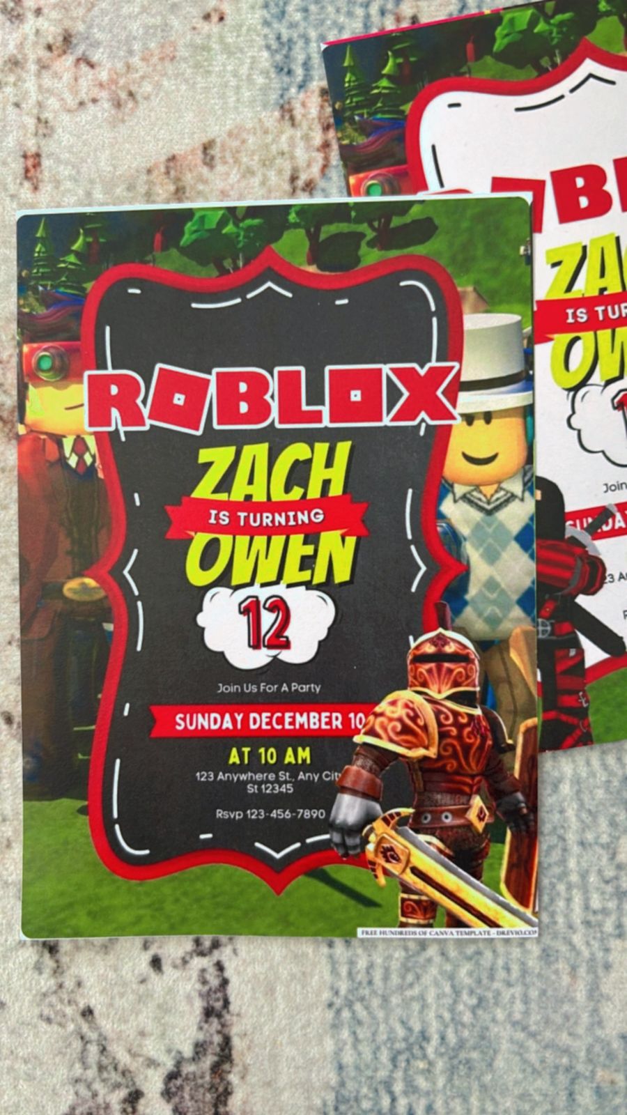 Roblox birthday invitation with neon green gamer theme, block avatars, pixel icons, and glowing game-style UI elements