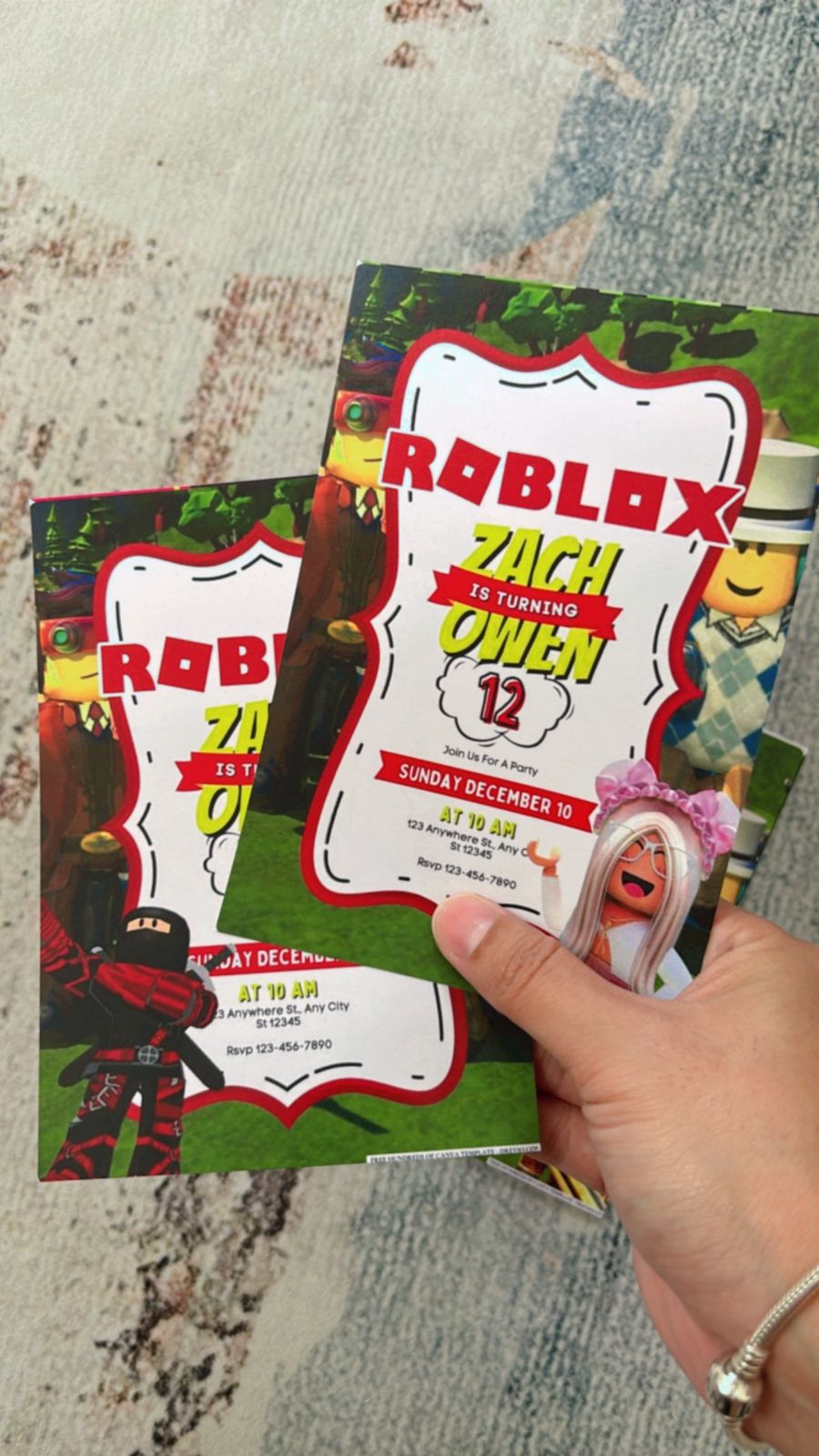Dark mode Roblox invitation design with black background, neon accents, and cool gamer tag-style typography