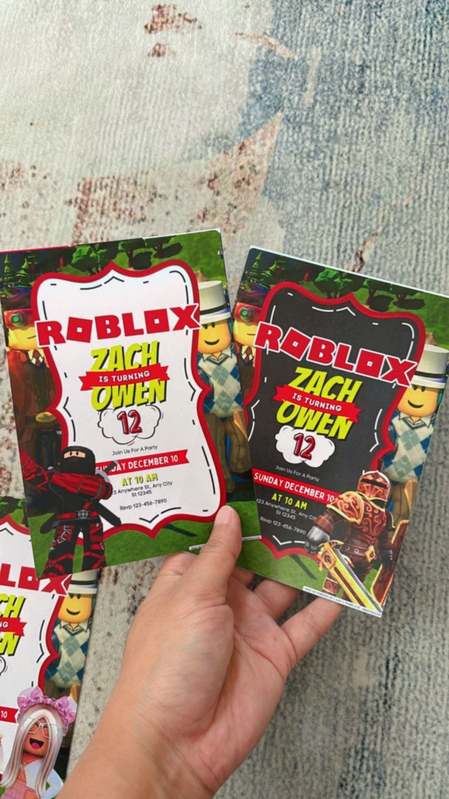 Roblox avatar party invite featuring custom character, block world scenery, and playful in-game elements