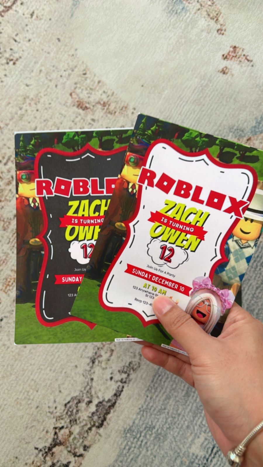 Bright Roblox birthday invitations with cartoon-style icons, colorful blocks, and mixed game-inspired themes