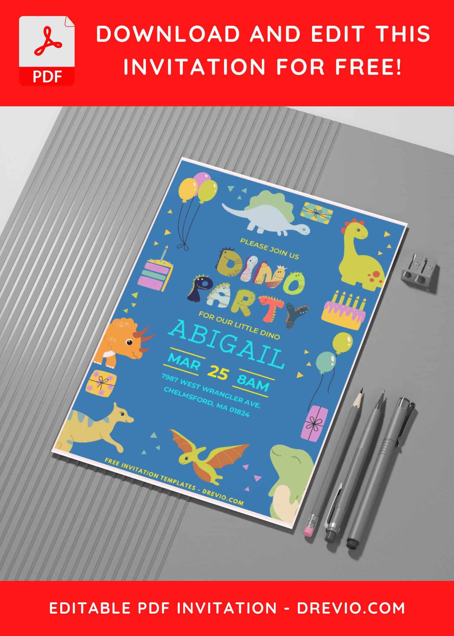(Easily Edit PDF Invitation) Colorful Dinosaur Birthday Invitation