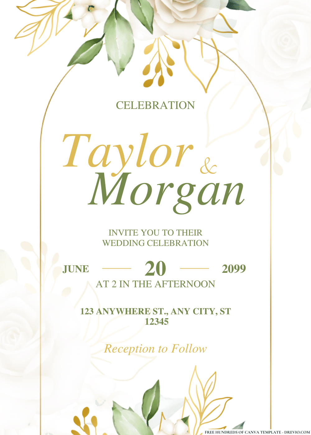FREE PDF Invitation – Gold Line and White Roses  Wedding Invitations
