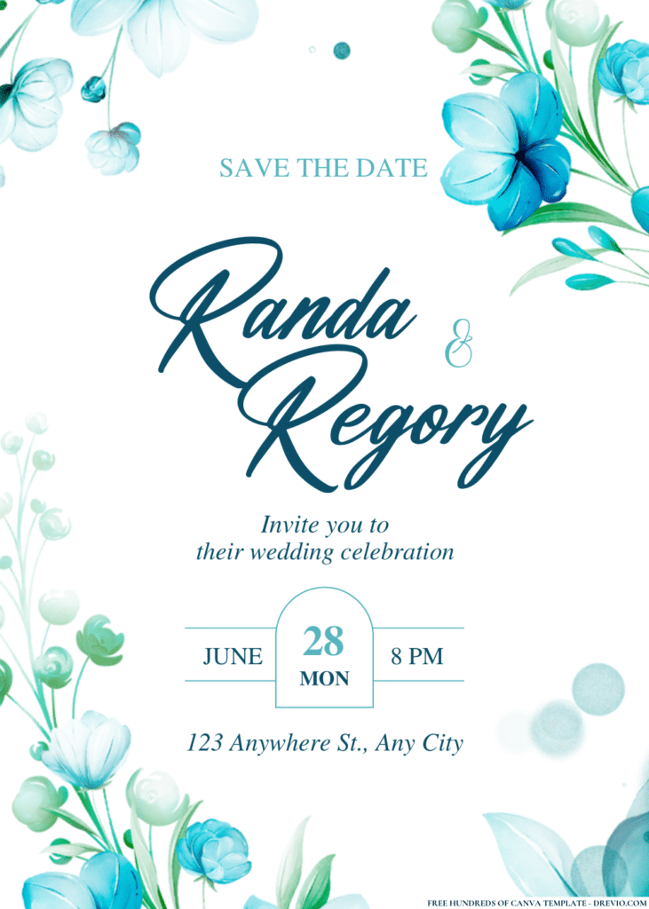 Horizontal Blue Watercolor Wedding Invitations