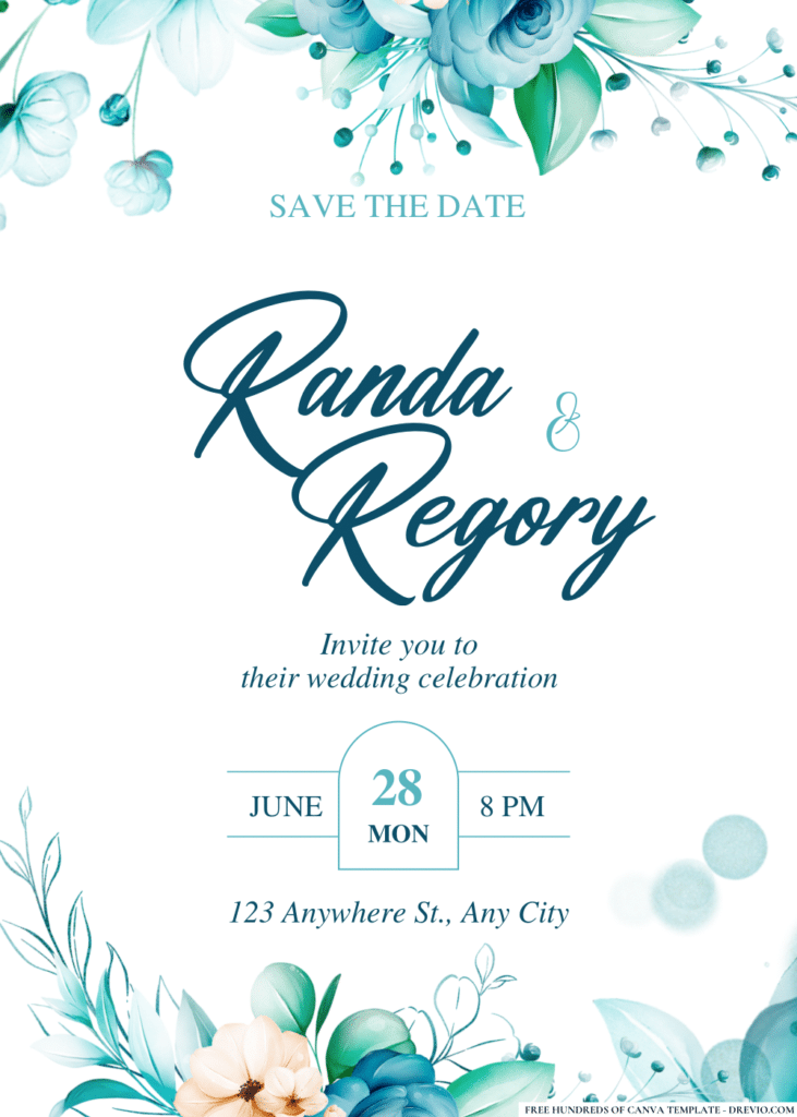 Horizontal Blue Watercolor Wedding Invitations
