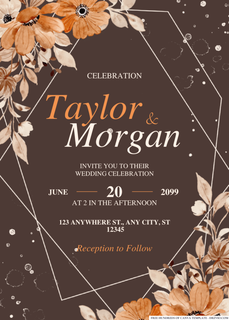 Orange Brown Flower Arrangement Wedding Invitation