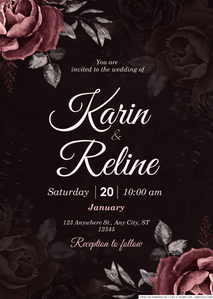 Dark Roses Floral Arrangement Wedding Invitations