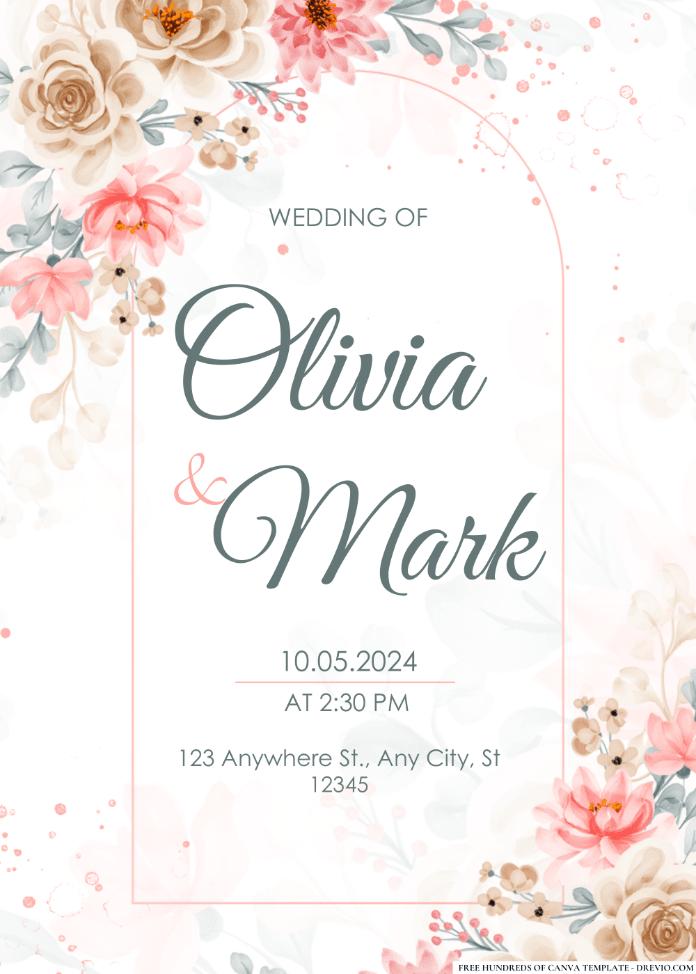 FREE PDF Invitation – Peach Beige Flower Arrangement Wedding Invitations