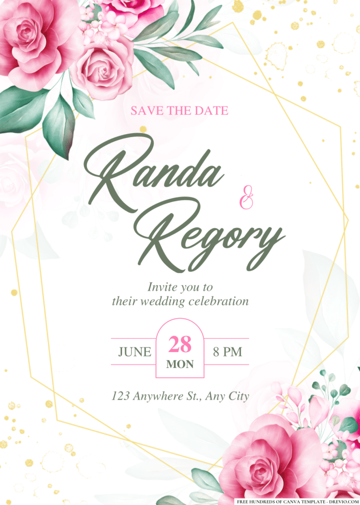 Pink Rose and Green Leaves Wedding Invitations