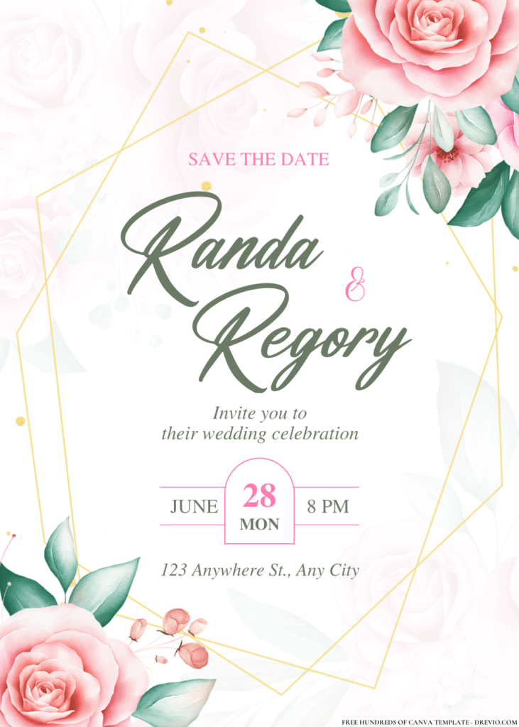 Pink Rose and Green Leaves Wedding Invitations