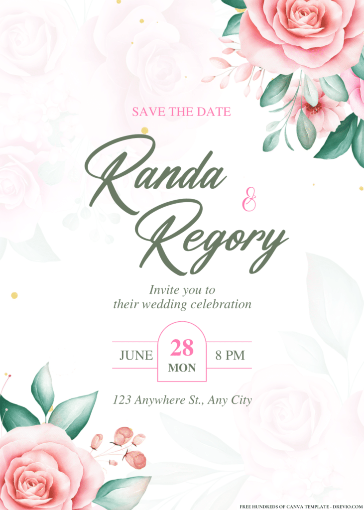 Pink Rose and Green Leaves Wedding Invitations