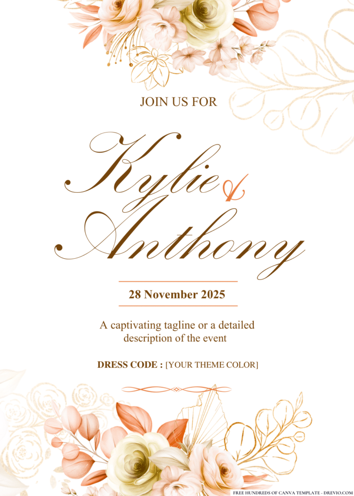 Golden Floral Arrangement Wedding Invitations 