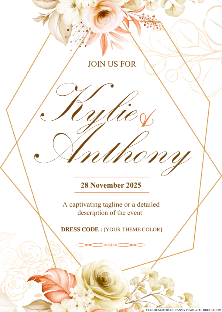 Golden Floral Arrangement Wedding Invitations 