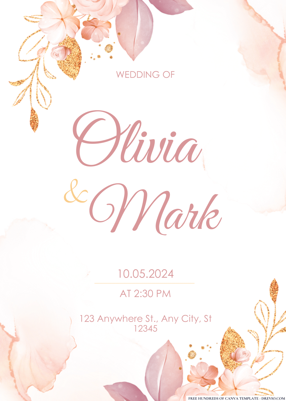FREE PDF Invitation – Pink Gold Floral Border Wedding Invitations