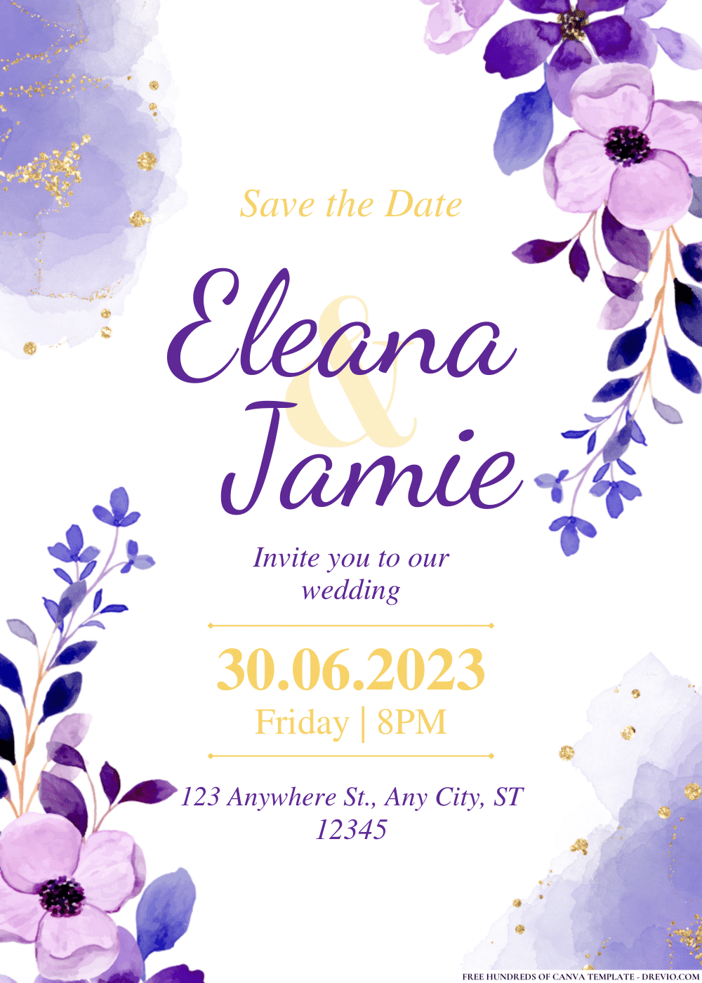 FREE PDF Invitation – Purple Watercolor Flower Bouquet Wedding Invitations