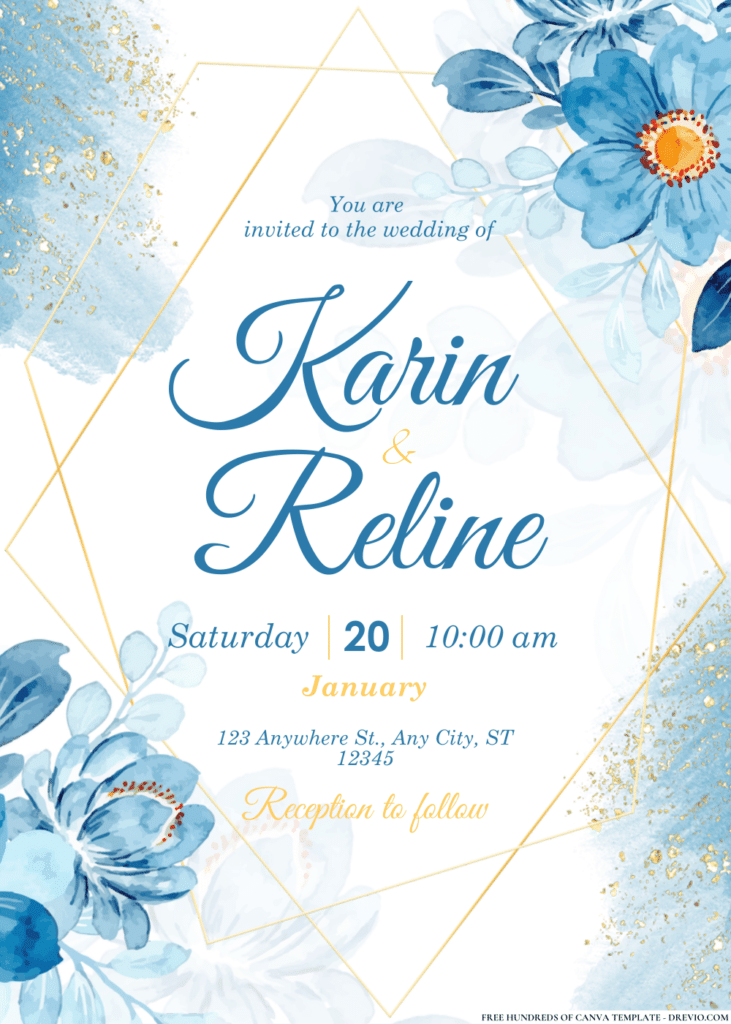 Dark Blue Floral Arrangement Wedding Invitations