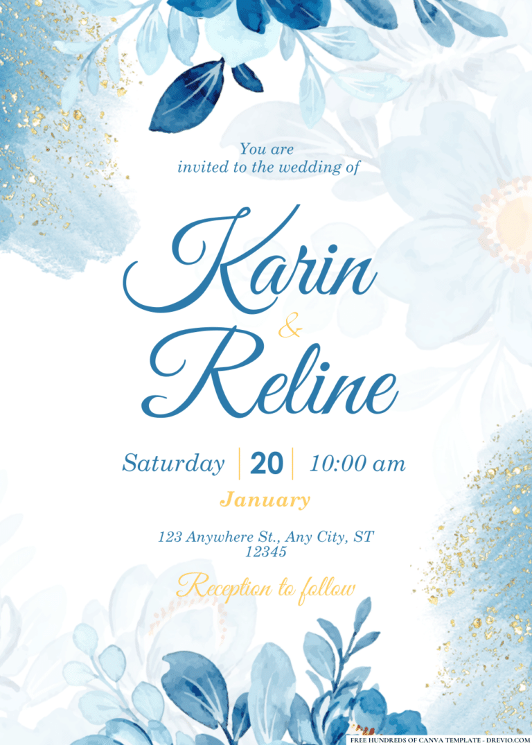 Dark Blue Floral Arrangement Wedding Invitations