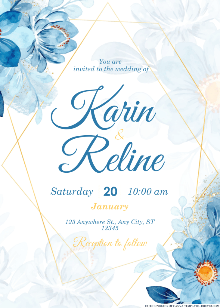 Dark Blue Floral Arrangement Wedding Invitations