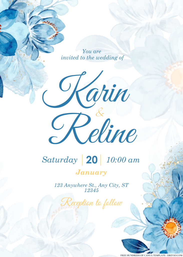 Dark Blue Floral Arrangement Wedding Invitations